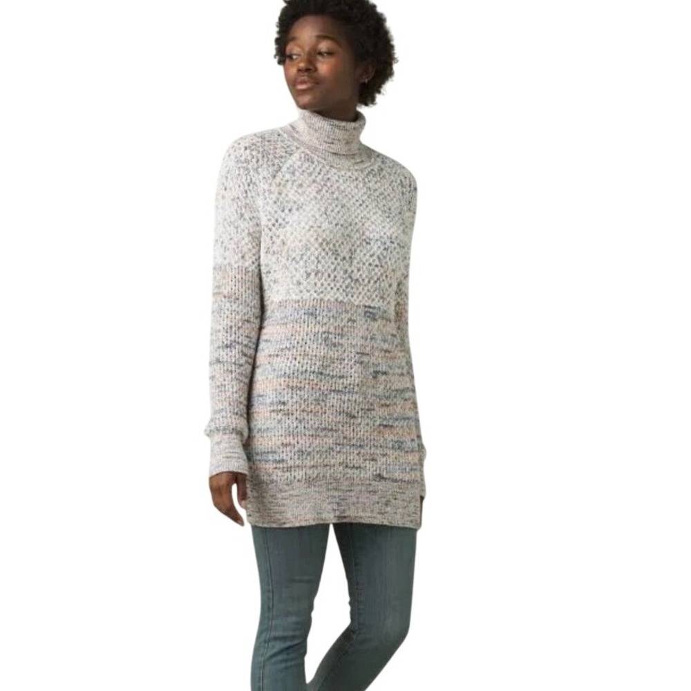 prAna Abelle Sweater Tunic Turtleneck Chunky Knit Colorblock Small Blue Tan Boho